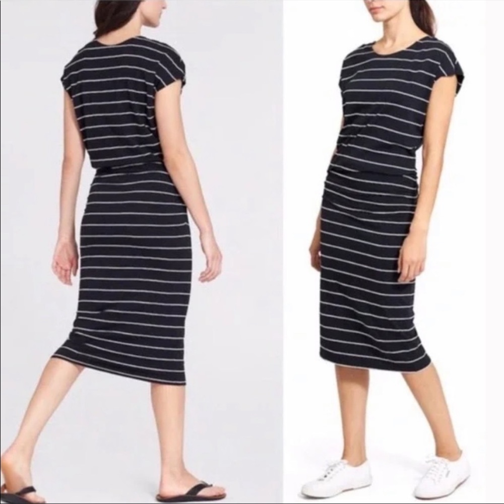 3/$25 Athleta Black and White Striped Midi Dress with Rouged Sides